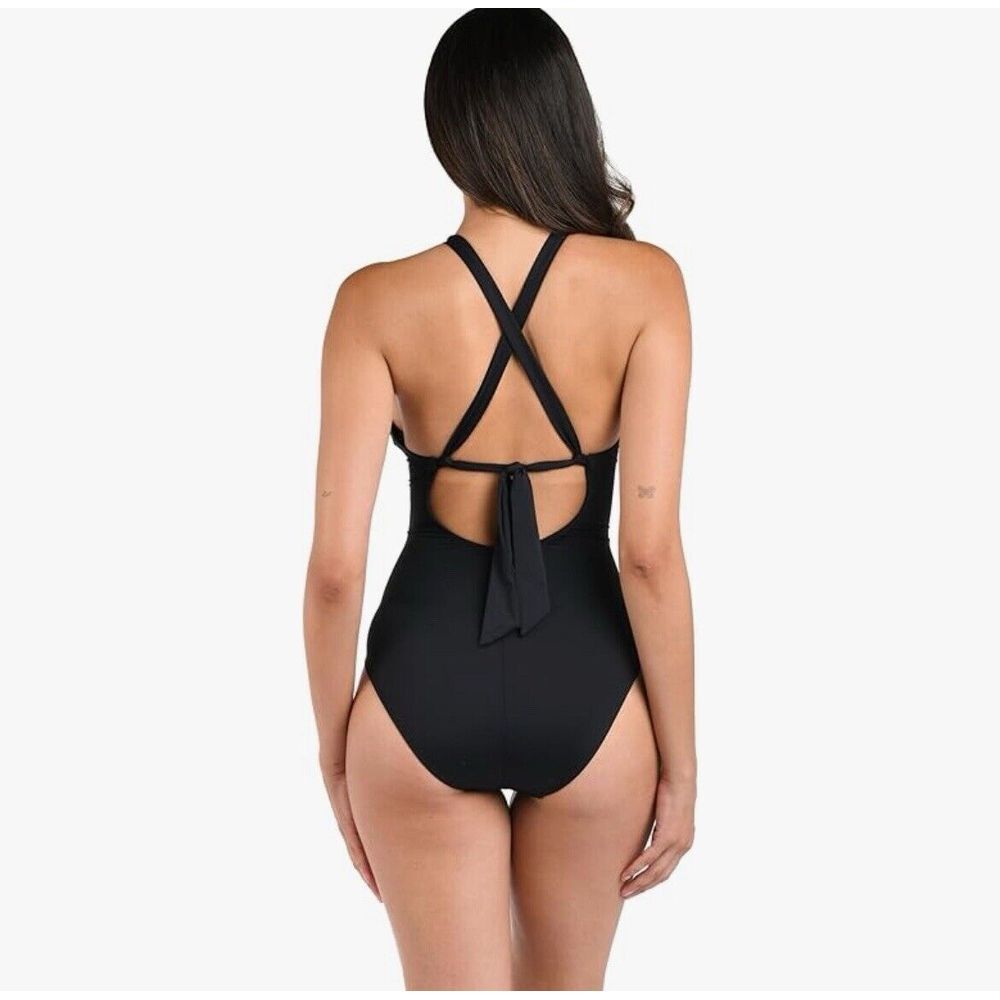 La Blanca Island Goddess Twist Keyhole One Piece Swimsuit sz 10 Black - Picture 2 of 4